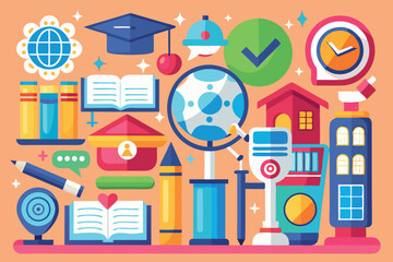 Naklejka premium Educational icons representing various fields of study and learning in a colorful and engaging layout