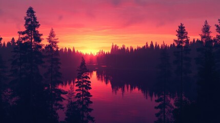Obraz premium Crimson Sunset Over a Tranquil Lake