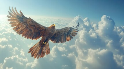 Majestic eagle in flight above fluffy clouds, bathed in sunlight.