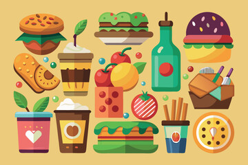 Various colorful food items including desserts and snacks arranged on a yellow background