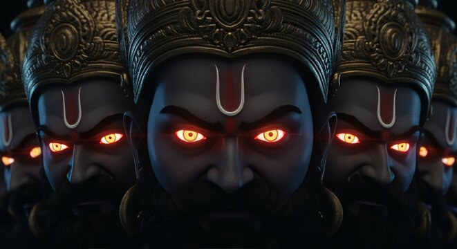 Ai generated image of closeup of ten angry faces of the demon king ravan