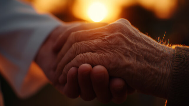 Compassionate Geriatric Care – Doctor’s Steady Hand Comforting an Elderly Patient at Sunset, Symbolising Empathy, Dignity and Human Connection in End-of-Life and Palliative Support
