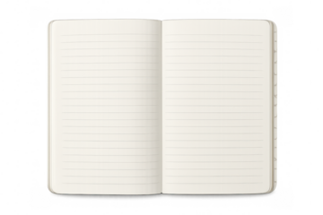 Blank lined notebook lying open, revealing clean white pages ready for sketching, writing, or brainstorming creative ideas