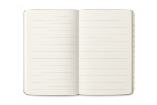 Blank lined notebook lying open, revealing clean white pages ready for sketching, writing, or brainstorming creative ideas