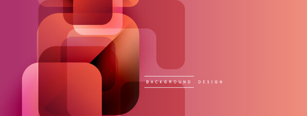 Abstract geometric shapes overlap, creating vibrant gradient effect. Warm reds, oranges dominate design. Minimalist text present.