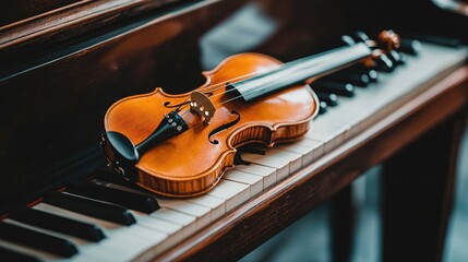Fototapeta premium Violin Resting on Piano Keys