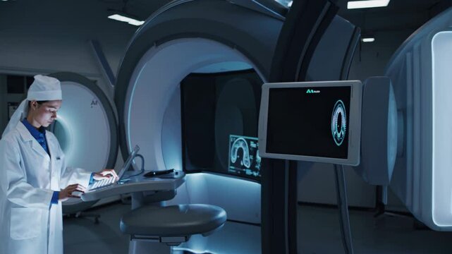 Innovative medical technology assists a healthcare professional in conducting a detailed brain scan, utilizing cutting edge equipment within a modern hospital environment