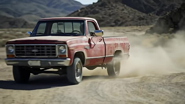 Red pickup truck drives along a dirt road, kicking up dust, hills in background