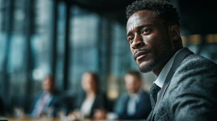 Obraz premium Black man in gray suit sitting at table in modern high-rise office during meeting with blurred colleagues in background