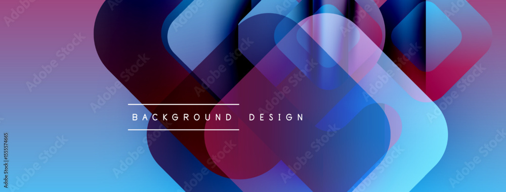 Poster Abstract geometric shapes overlap, creating vibrant blue, purple gradients. Modern design elements suggest fluidity, innovation.