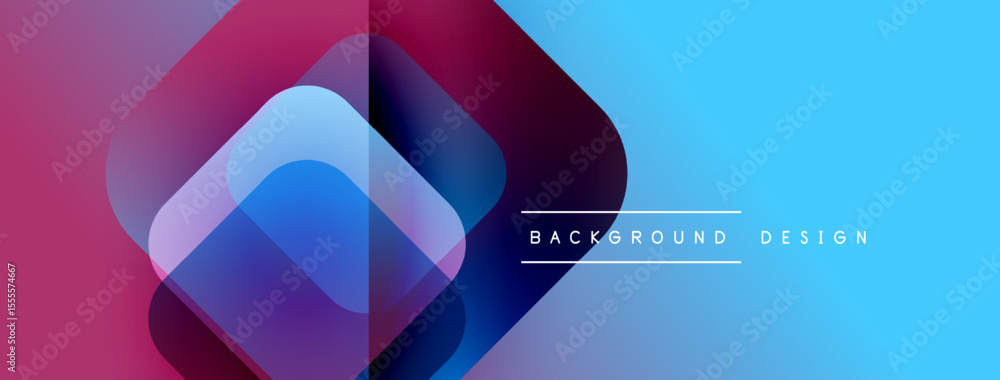 Poster abstract geometric shapes overlap, creating vibrant color gradients. blue, purple, magenta hues blen