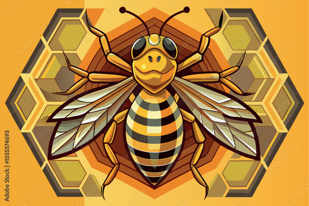 Poster bright and colorful bee illustration showcasing intricate hexagonal patterns and vivid colors for na