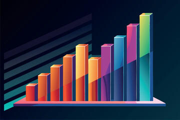Colorful graph illustration showing data trends with rising bar heights on a dark background
