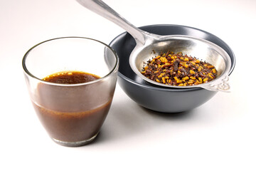 Indian home ready mixture good made from Flex seeds, Fenugreek seeds, coffee powder and tea powder for hair growth, gives shine and makes the hair soft 