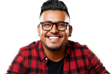 Smiling man with stylish glasses wearing a checkered shirt looking directly at the camera with a joyful expression in a bright studio setting on a plain background