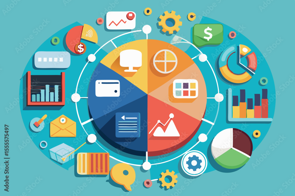 Poster colorful infographic depicting business analytics and data visualization concepts with various icons