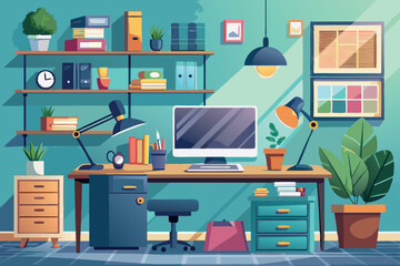 Modern home office workspace with plants, computer, and organized shelves inviting productivity and creativity