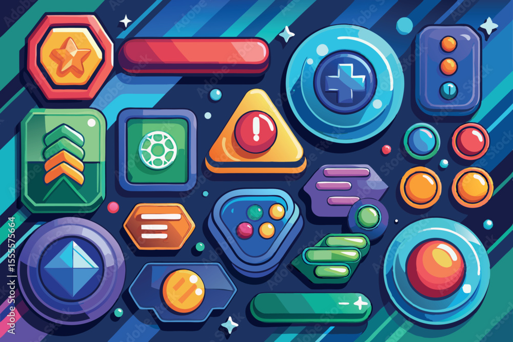 Poster colorful digital game design elements arranged creatively on a dark background showcasing various sh
