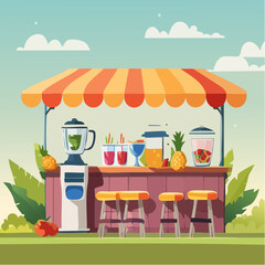 Obraz premium Stylized smoothie bar with fresh fruits, blender, and glasses, vibrant colors and organic shapes