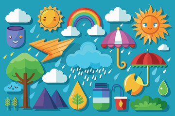 Colorful array of weather icons with sun, rain, and nature elements displayed on a bright blue background