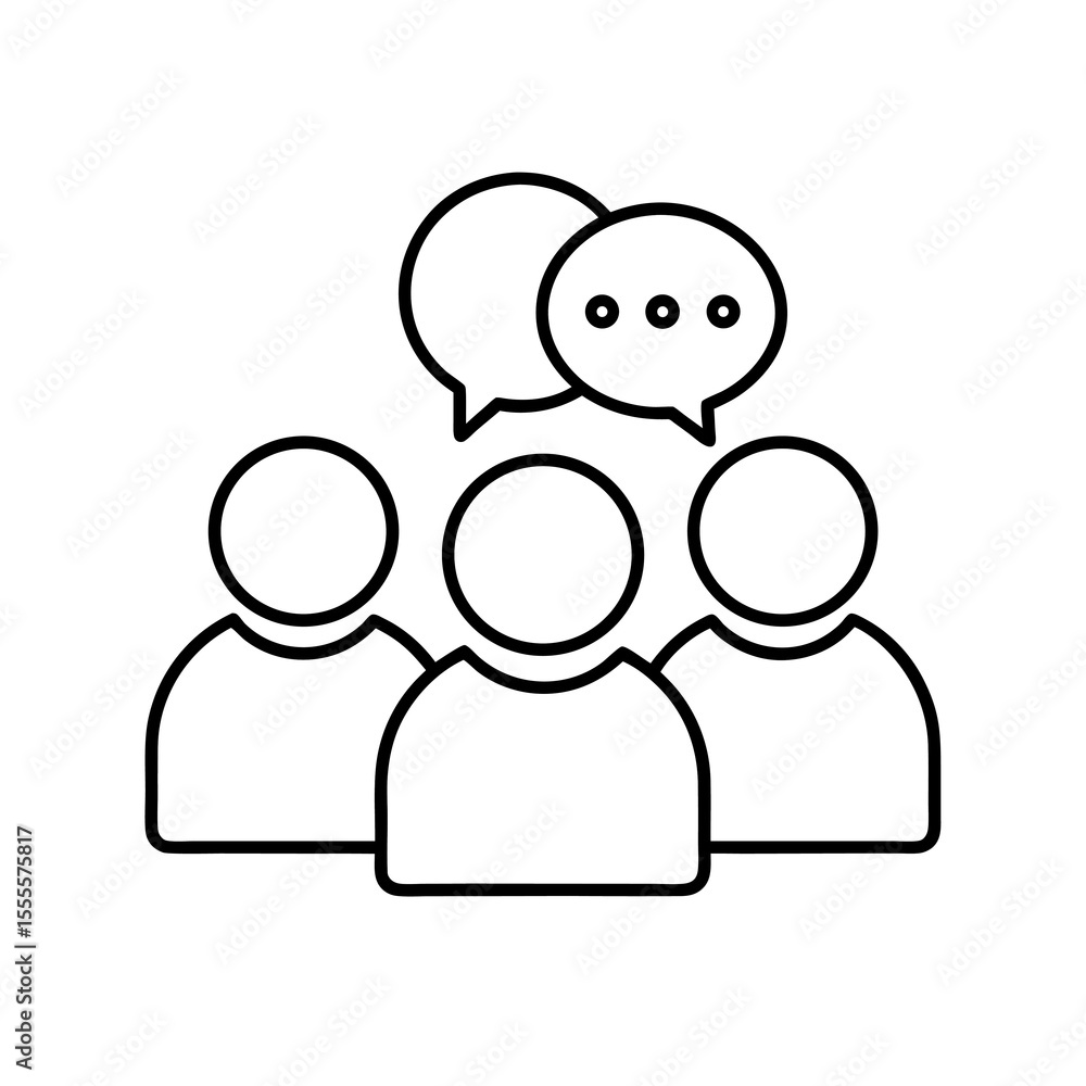 Poster three people discussing ideas sharing thoughts communicating in a group outline design for collabora