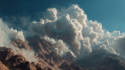 Photorealistic depiction of Mount Sinai shrouded in dramatic, billowing clouds, evoking a sense of awe and reverence reminiscent of biblical encounters with the divine
