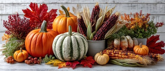 Autumn harvest display with pumpkins, gourds, and corn