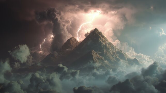 Photorealistic depiction of Mount Sinai shrouded in dark clouds, illuminated by lightning, evoking a sense of awe and reverence, reminiscent of biblical accounts in Exodus 19.