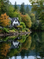 Fototapeta premium Autumn house reflecting on calm lake
