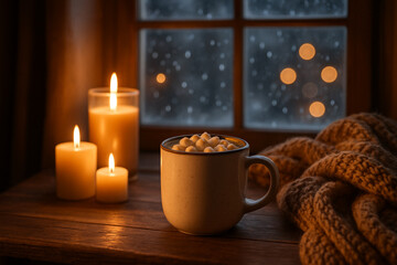 Fototapeta premium Christmas still life with glowing candle and festive holiday ambiance