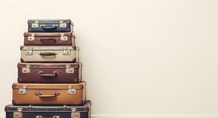 Obraz premium Stack of Vintage Suitcases Against a Neutral Wall Background