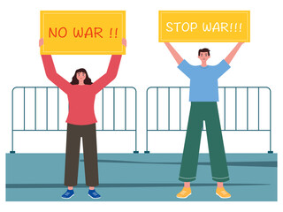 Male and female citizens are protesting, stop the war and care about the lives of many victims. War illustration. Flat vector illustration.