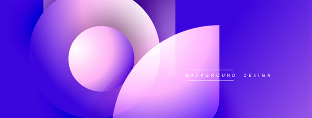 Abstract shapes overlap, creating vibrant purple, pink gradients. Modern design suggests fluidity, movement, digital art aesthetic.