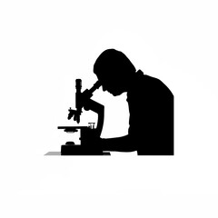 Silhouette of a scientist using a high-powered microscope on white background