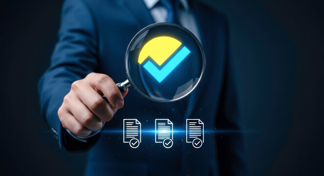 Magnifying glass check mark audit document compliance review business quality assurance process
