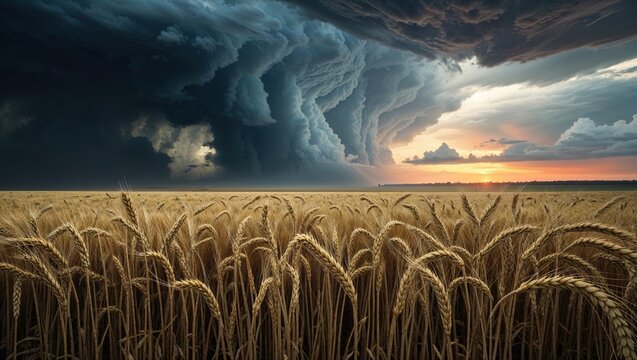 Dramatic Supercell Storm Cloud Forming Over Ripe Wheat Field at Sunset with Dark Rotating Skies