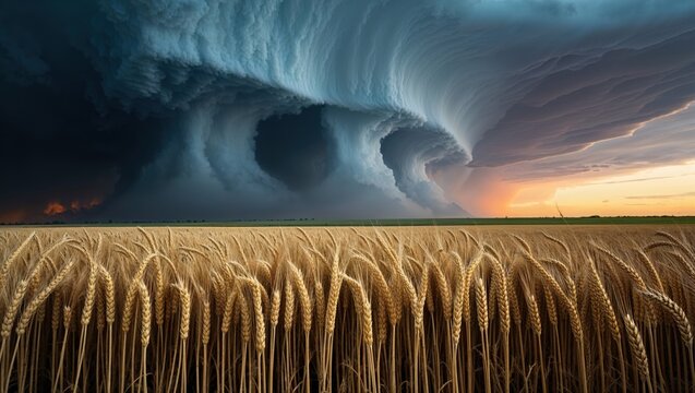 Dramatic Supercell Tornado Storm Forming Over Golden Wheat Field at Sunset - Powered by Adobe