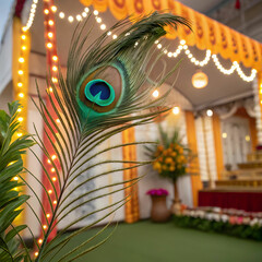 Happy Krishna Janmashtami festival of India with Bansuri and Flute, Dahi Handi and Peacock Feather Background