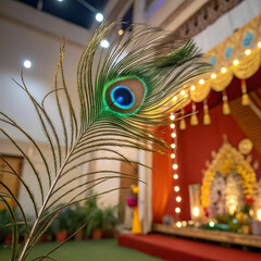 Happy Krishna Janmashtami festival of India with Bansuri and Flute, Dahi Handi and Peacock Feather Background