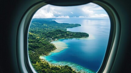Aerial view of a tropical island surrounded by clear blue from