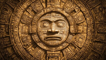 Obraz premium Ancient Mayan Calendar Close-Up with Intricate Carvings, Face, and Arrows Pagan ornament of a tribe Maya