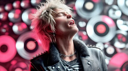 A Passionate Punk Rock Musician Singing with a Background of Vinyl Records