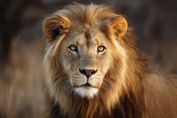 Fototapeta premium Lion headshot with golden mane amber eyes and symmetrical facial features in soft focus