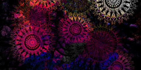 Mystical Mandala Background – Intricate Bohemian Art for Meditation, Tattoo, and Decor, colorful vintage art, ancient Indian vedic background design, old painting texture with  mathematical shapes