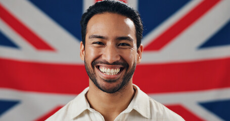 Identity, native and portrait of happy man with British flag, confidence and country loyalty....
