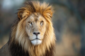 Fototapeta premium Lions head majestic mane golden fur focused gaze