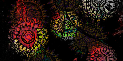 Mystical Mandala Background – Intricate Bohemian Art for Meditation, Tattoo, and Decor, colorful vintage art, ancient Indian vedic background design, old painting texture with  mathematical shapes