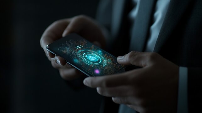 Close-up of hands holding a smartphone with glowing graphic interface