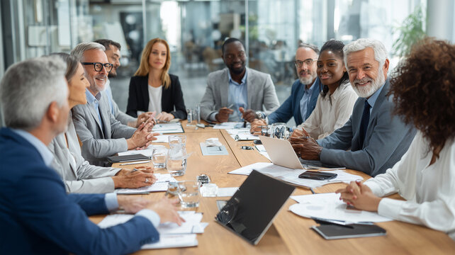 Large group of racially diverse senior and middle-aged business professionals in formal attire seated around a wooden conference table in a bright glass-walled office during daytime