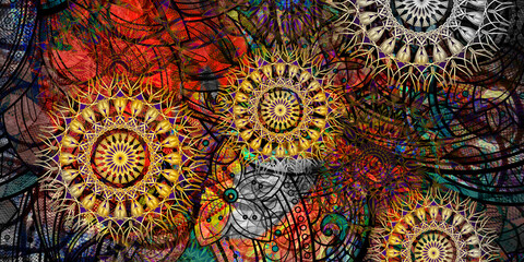 Mystical Mandala Background – Intricate Bohemian Art for Meditation, Tattoo, and Decor, colorful vintage art, ancient Indian vedic background design, old painting texture with  mathematical shapes